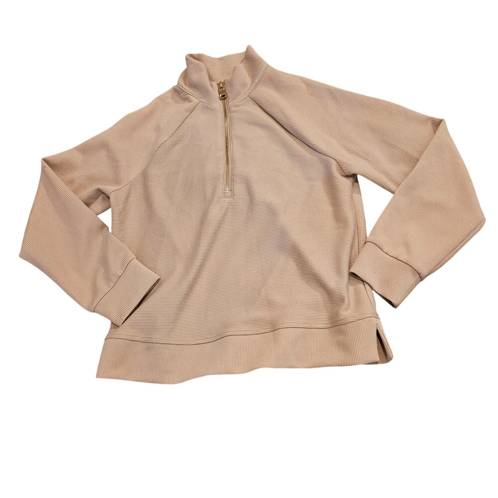 Cable & Gauge Studio M Oatmeal Ribbed Knit Quarter Zip Long Sleeve Athleisure